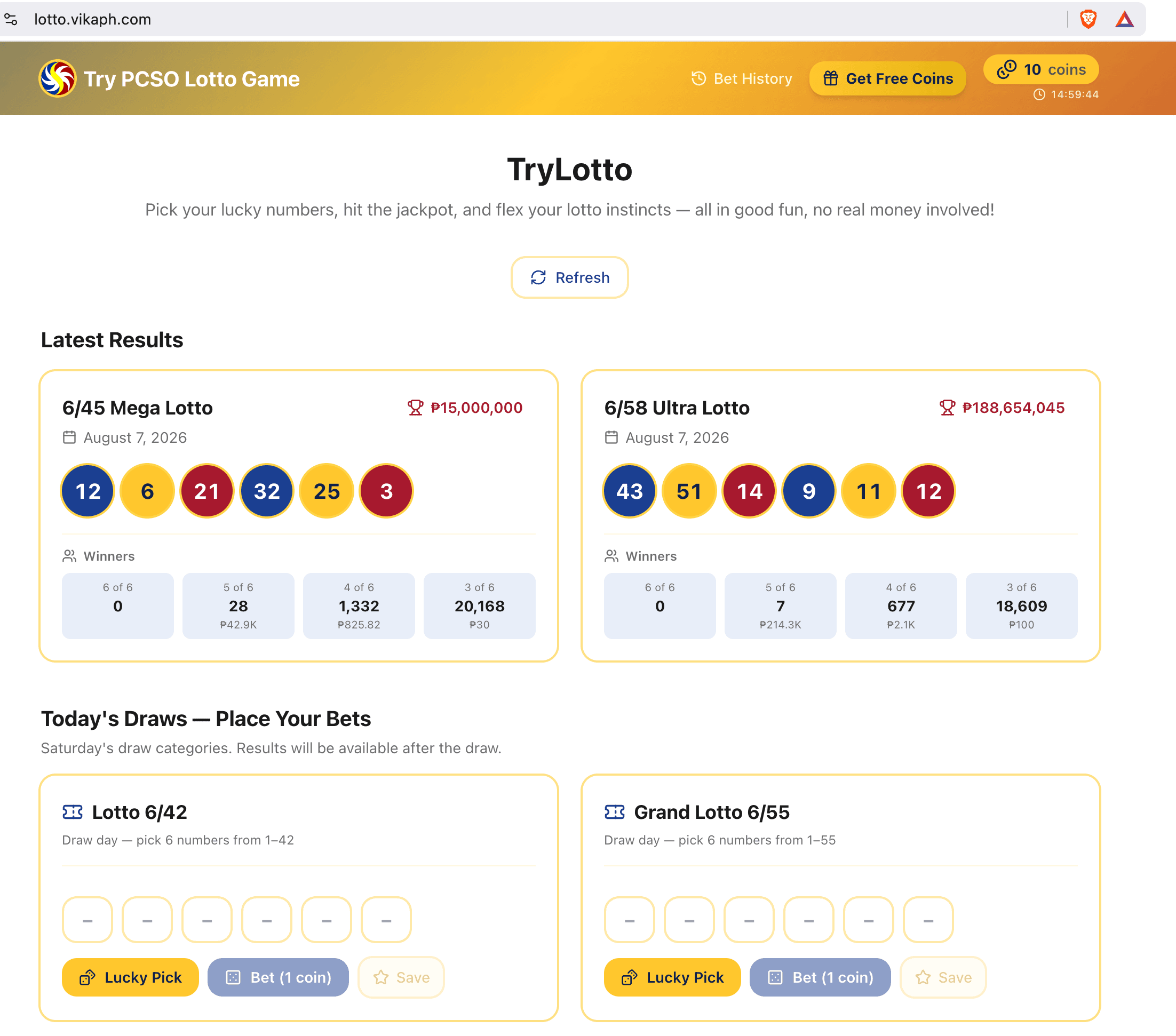 TryLotto lotto betting app showing PCSO lotto results and mock betting interface