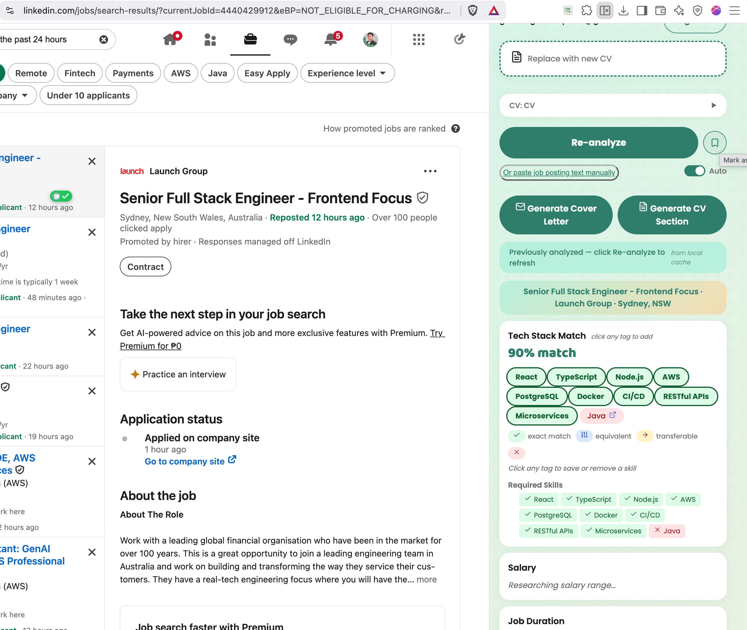Vikaph Job Chrome extension analyzing a job posting with tech stack match, salary insights, and cover letter generation